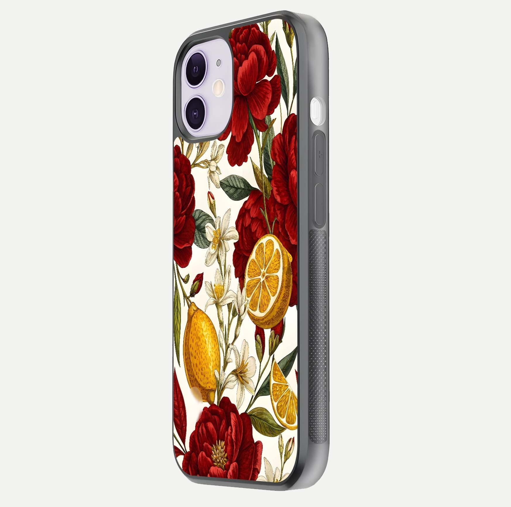 Lemon Rose Charm Glass Case for iPhone 11 side-angle image revealing reflection depth and vibrant flower art
