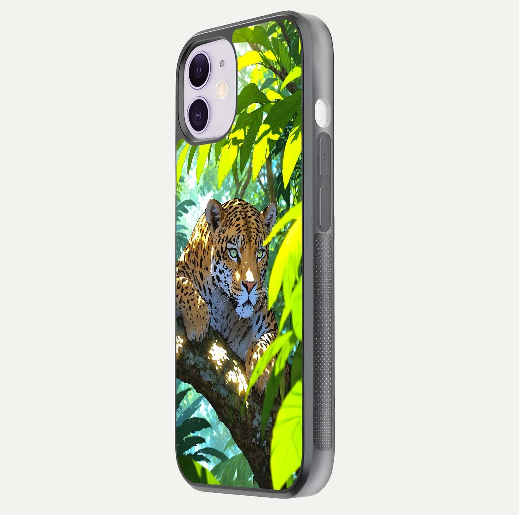 Leopard in Jungle Glass Case for iPhone 11 side-angle shot emphasizing contrast and fierce design clarity