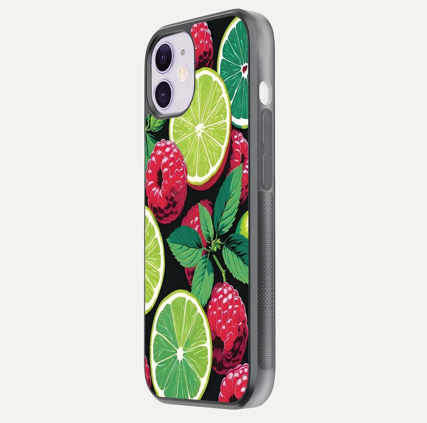Lime and Raspberry Pattern Glass Case for iPhone 11 side-angle view revealing colorful fruit artwork details