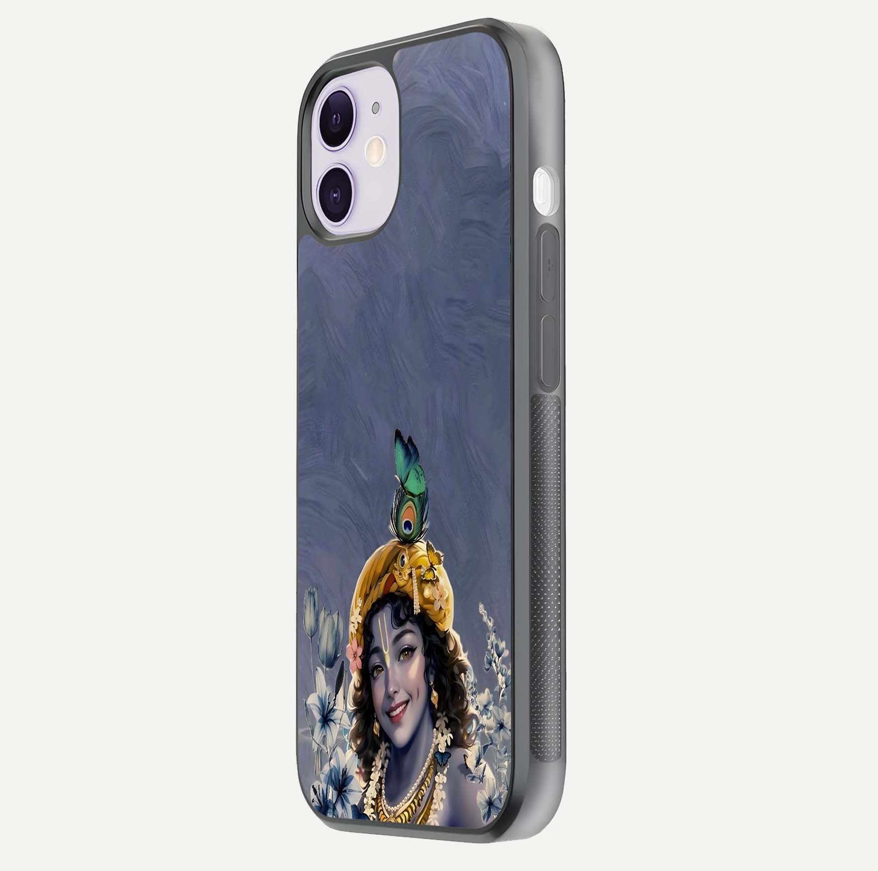 Lord Krishna Glass Case for iPhone 11 side-angle image emphasizing premium reflection and sacred motif