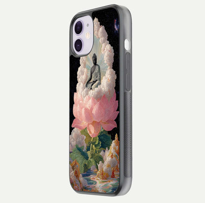 Lotus Divine Peace Glass Case for iPhone 11 side-angle shot showing elegant shine and floral symmetry