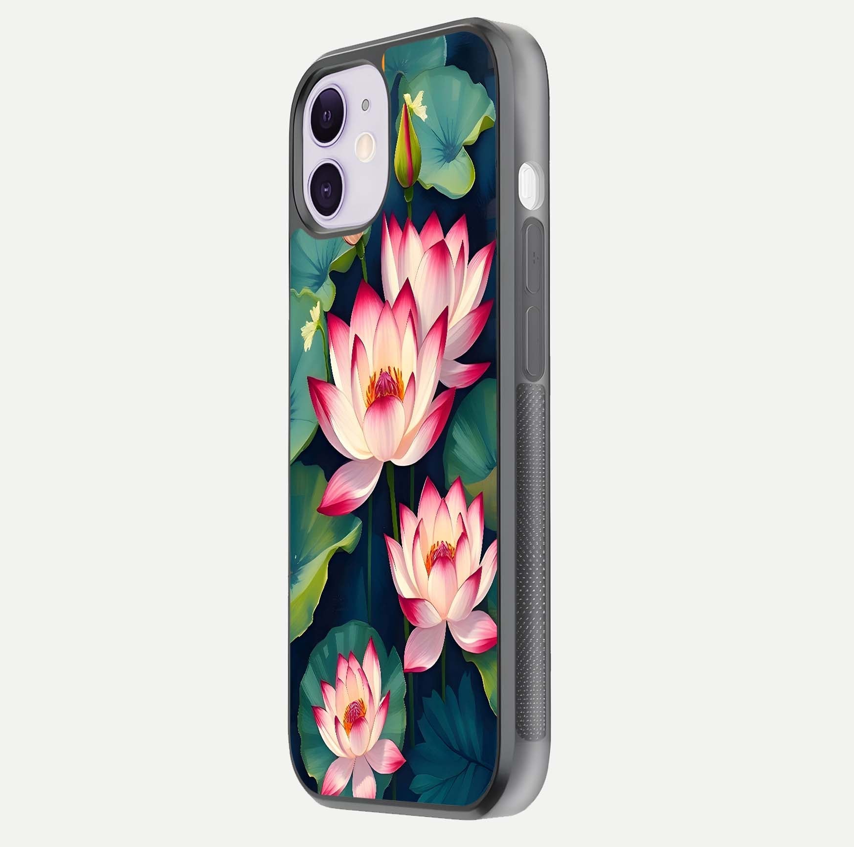 Lotus Dream Serenity Glass Case for iPhone 11 side-angle image revealing reflection clarity and calm tones