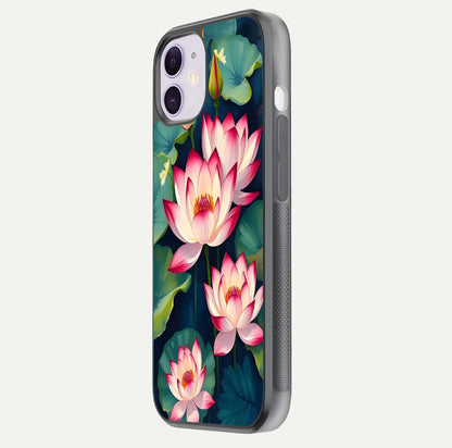 Lotus Dream Serenity Glass Case for iPhone 11 side-angle image revealing reflection clarity and calm tones