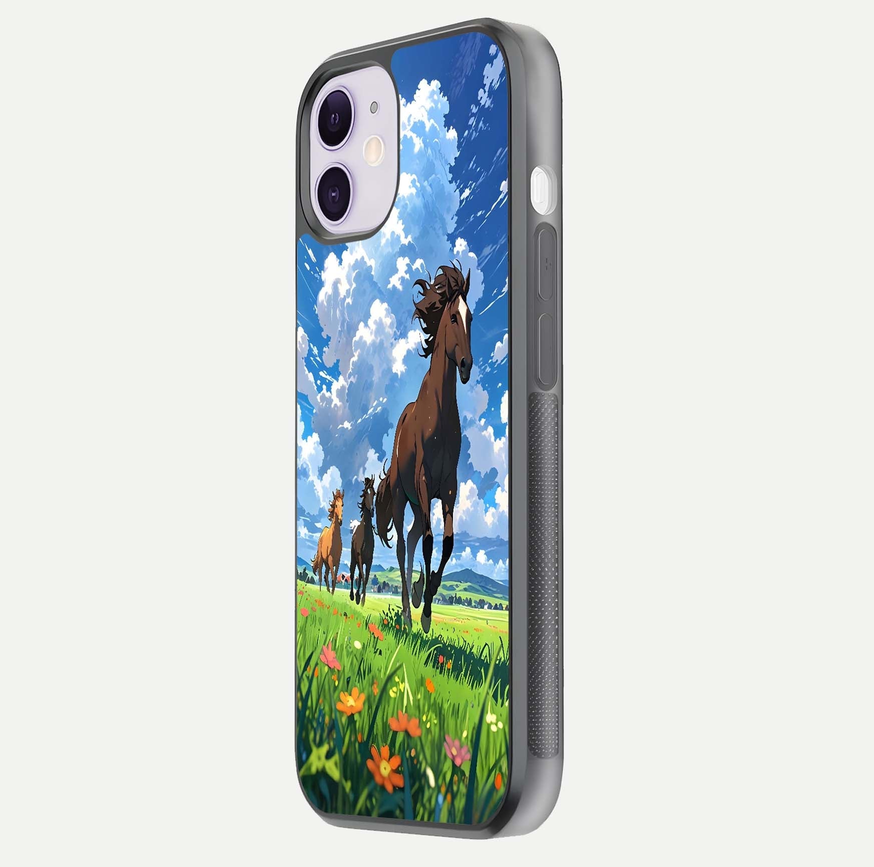 Majestic Horses Galloping Glass Case for iPhone 11 side-angle shot emphasizing reflection and running artwork