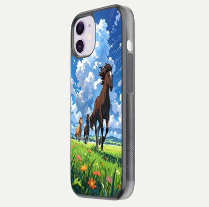Majestic Horses Galloping Glass Case for iPhone 11 side-angle shot emphasizing reflection and running artwork