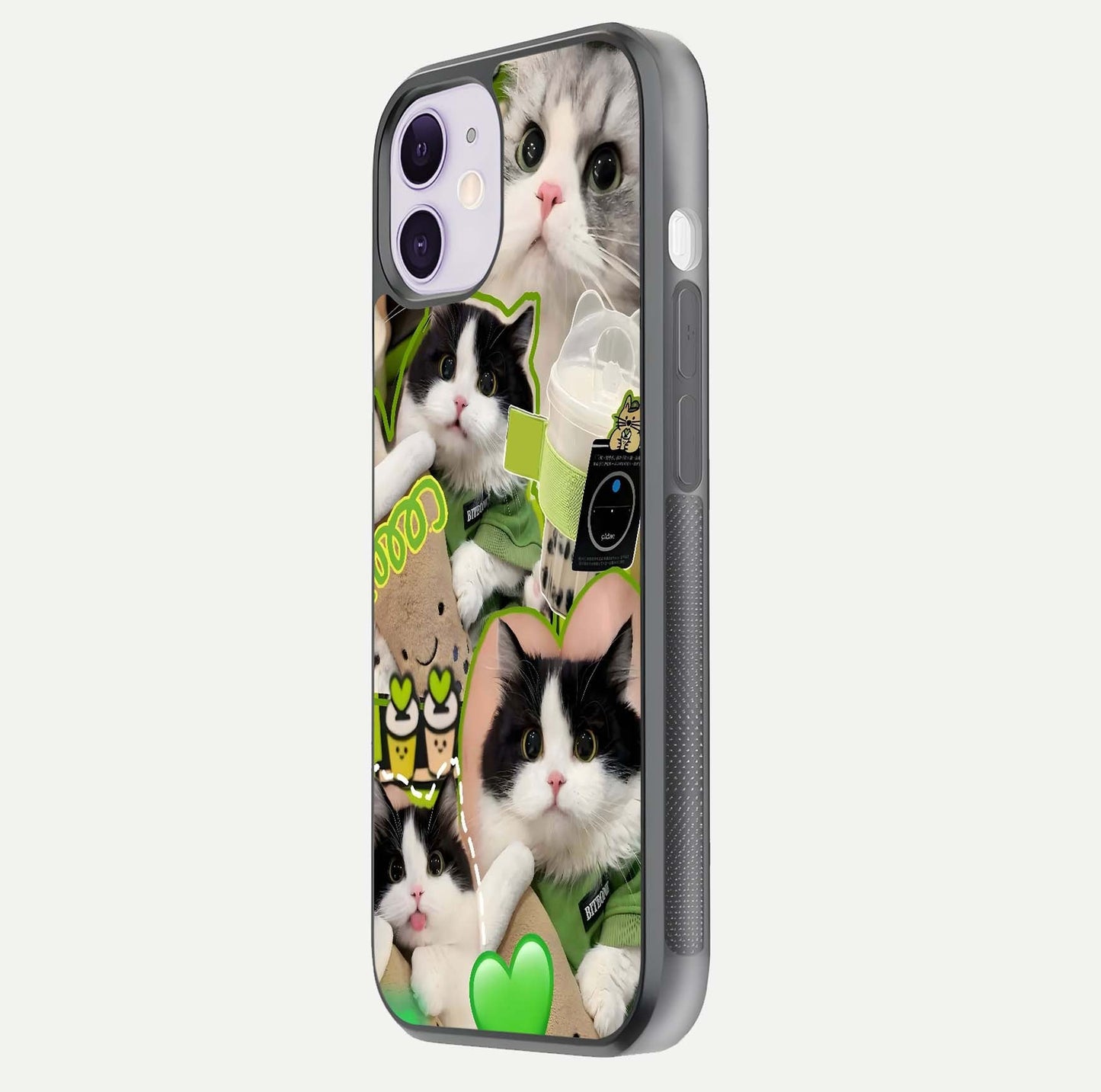 Matcha Cats Mood Glass Case for iPhone 11 side-angle image showing shine clarity and cat pattern charm