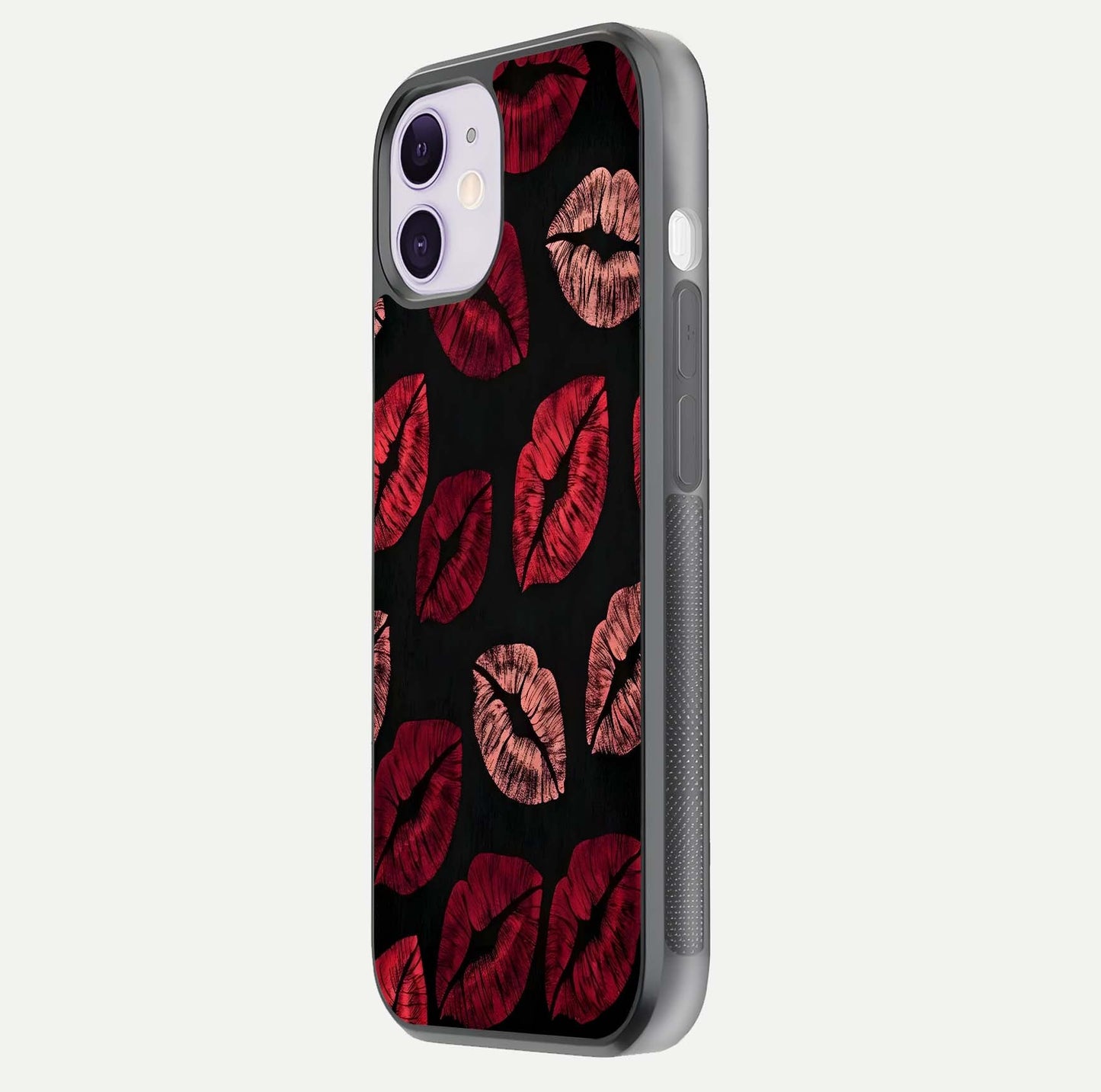 Midnight Kiss Love Glass Case for iPhone 11 side-angle image revealing gloss texture and deep love motif