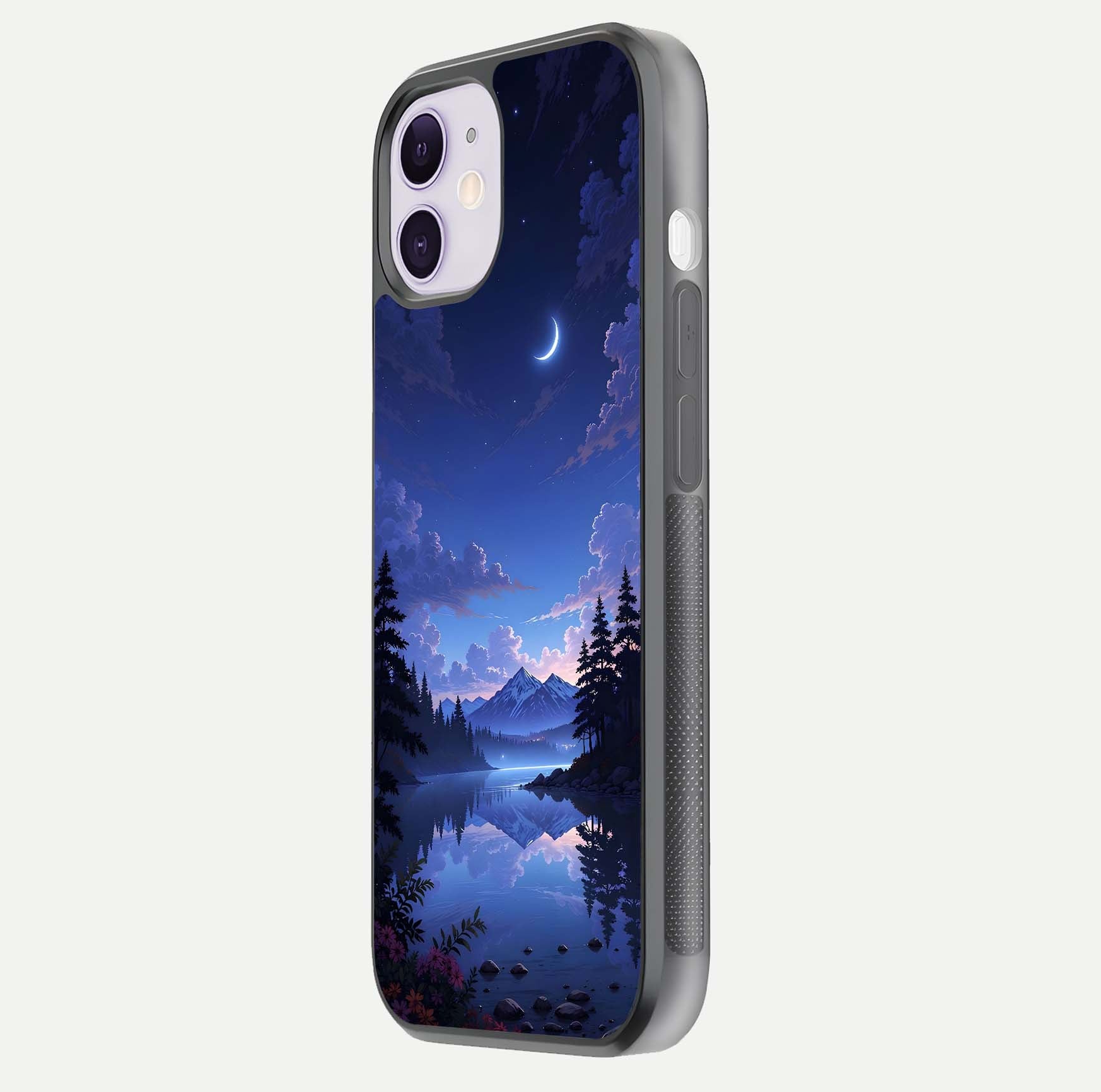 Midnight Lake Peace Glass Case for iPhone 11 side-angle image showing HD shine and tranquil color tones