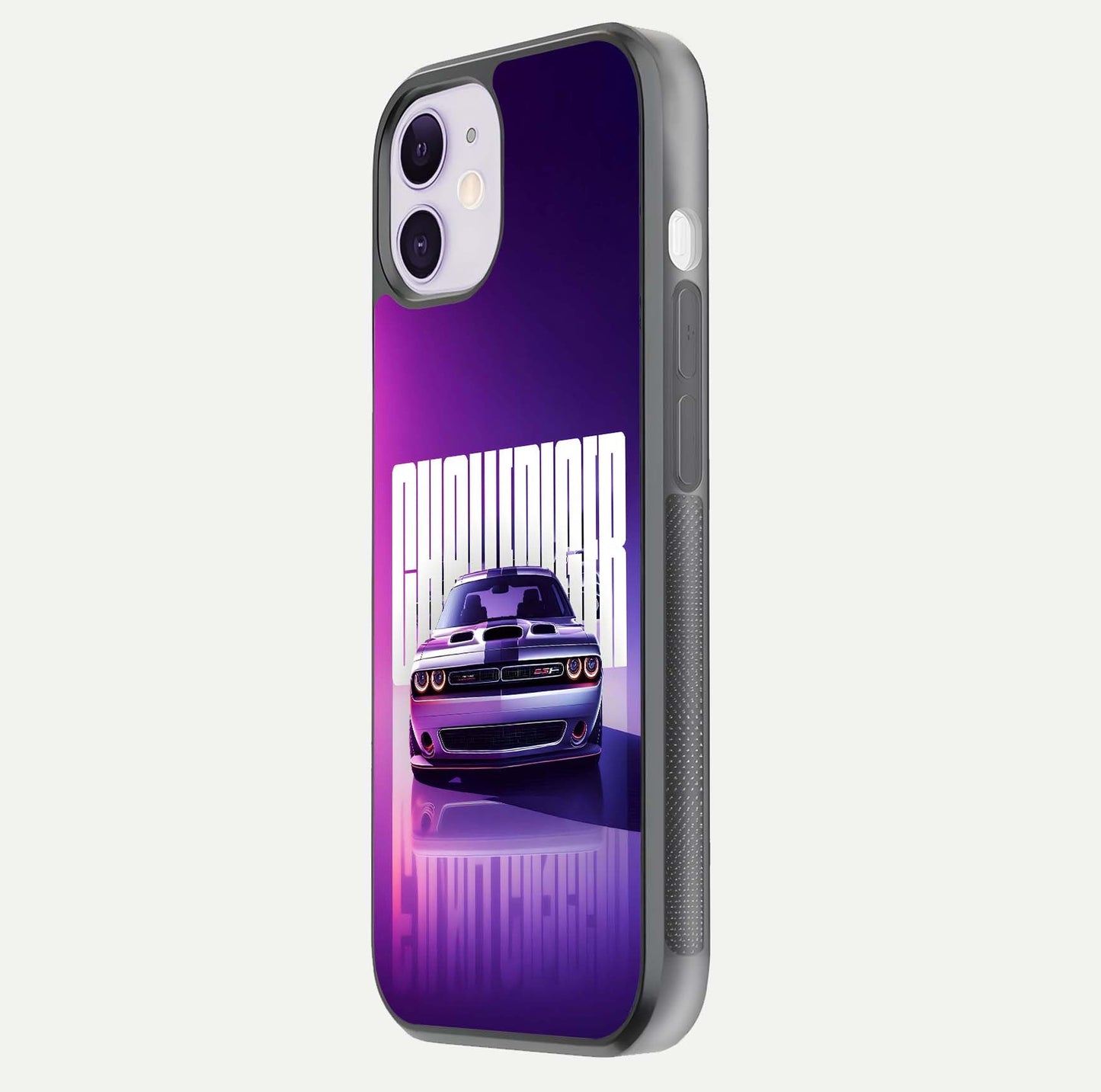 Midnight Muscle Ride Glass Case for iPhone 11 side-angle image showing reflection clarity and bold design