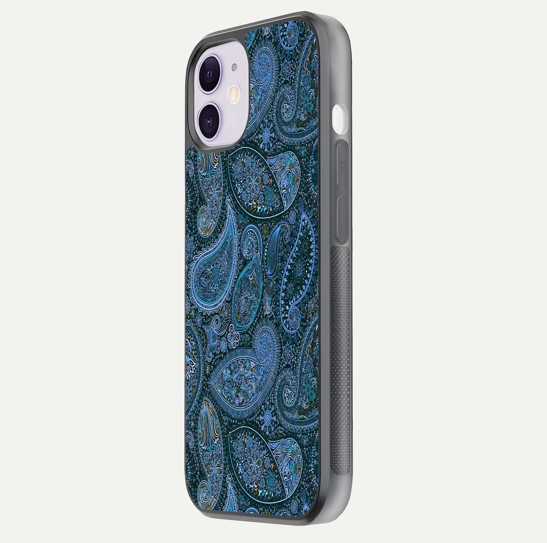 Midnight Paisley Glow Glass Case for iPhone 11 side-angle image revealing reflective gloss and paisley art