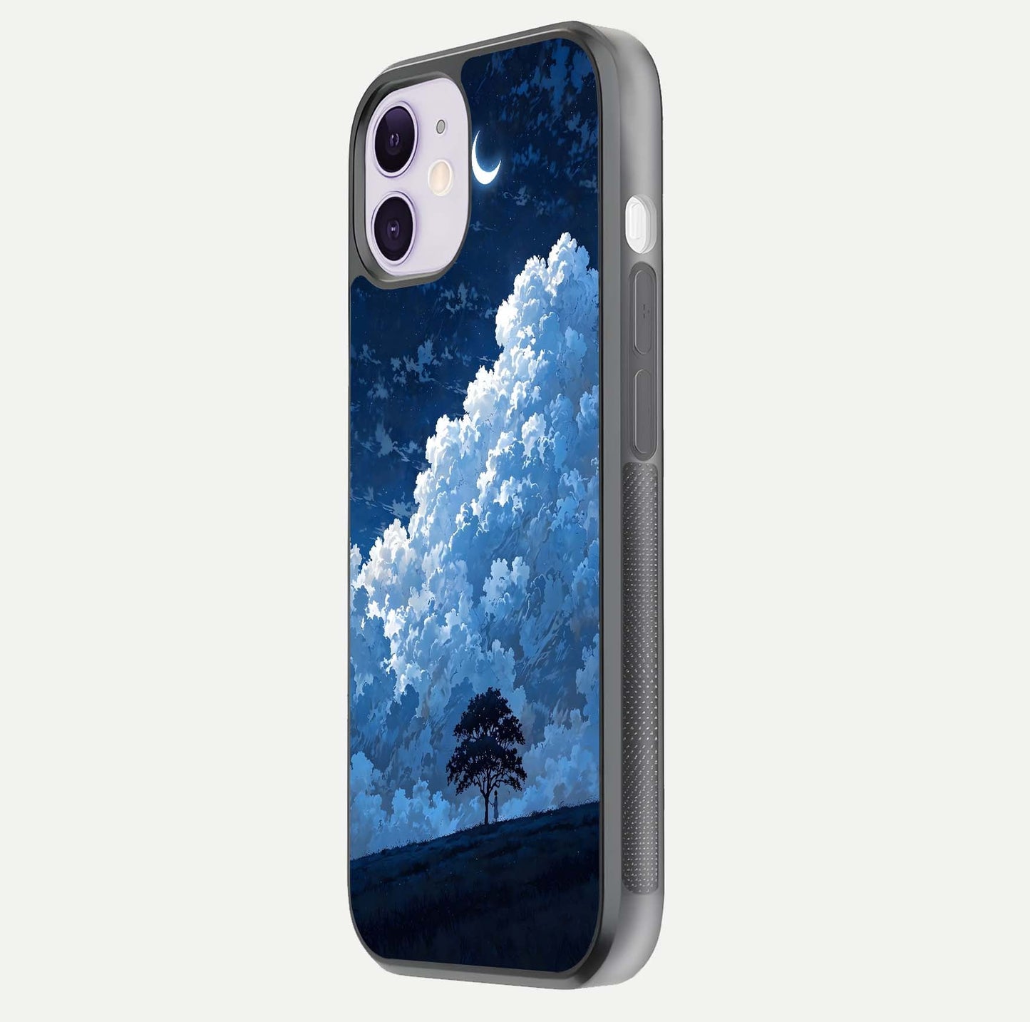 Midnight Sky Serenity Glass Case for iPhone 11 side-angle image showing soft glow and smooth reflection