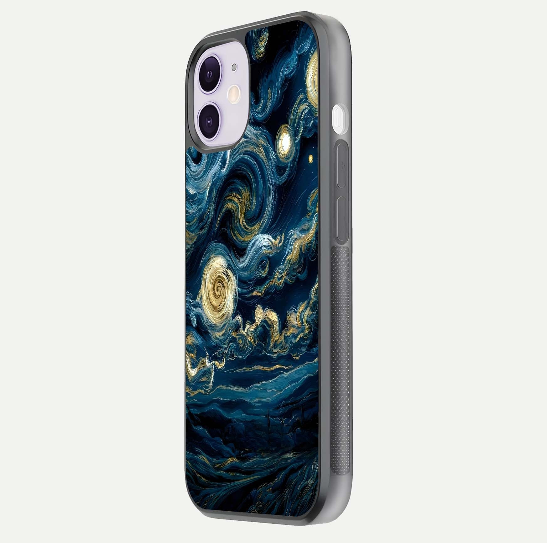 Midnight Sky Whirl Glass Case for iPhone 11 side-angle image showing reflection depth and galaxy pattern