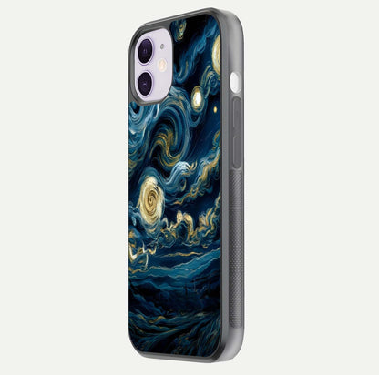 Midnight Sky Whirl Glass Case for iPhone 11 side-angle image showing reflection depth and galaxy pattern