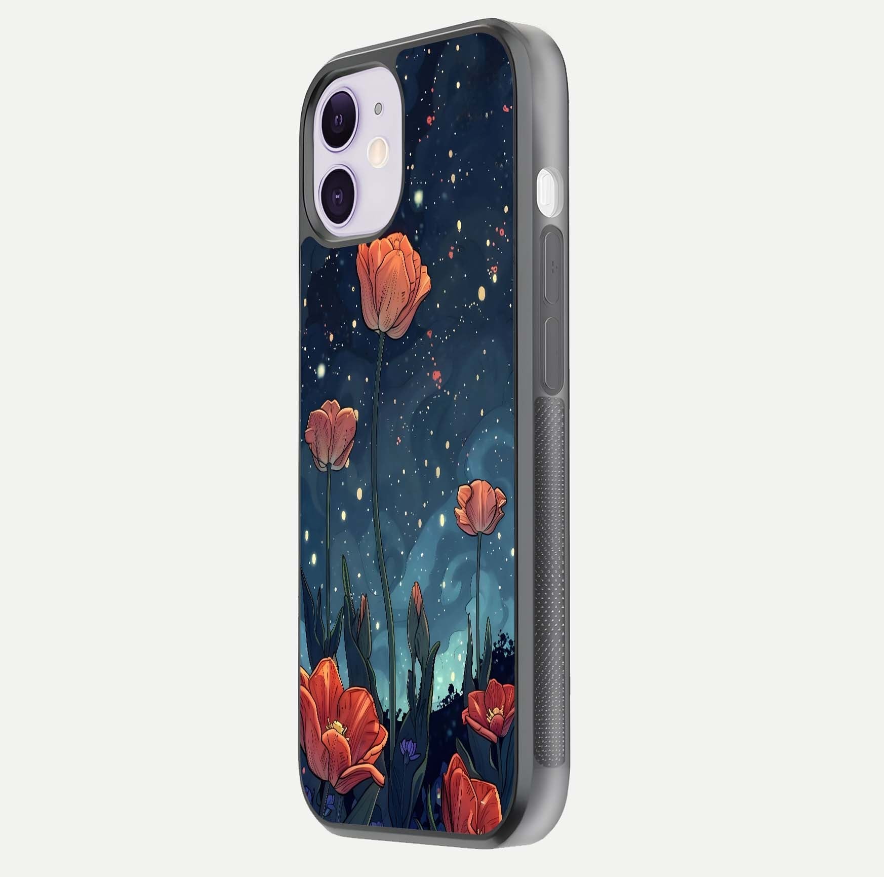 Midnight Tulip Glow Glass Case for iPhone 11 side-angle image showing shine depth and flower artwork