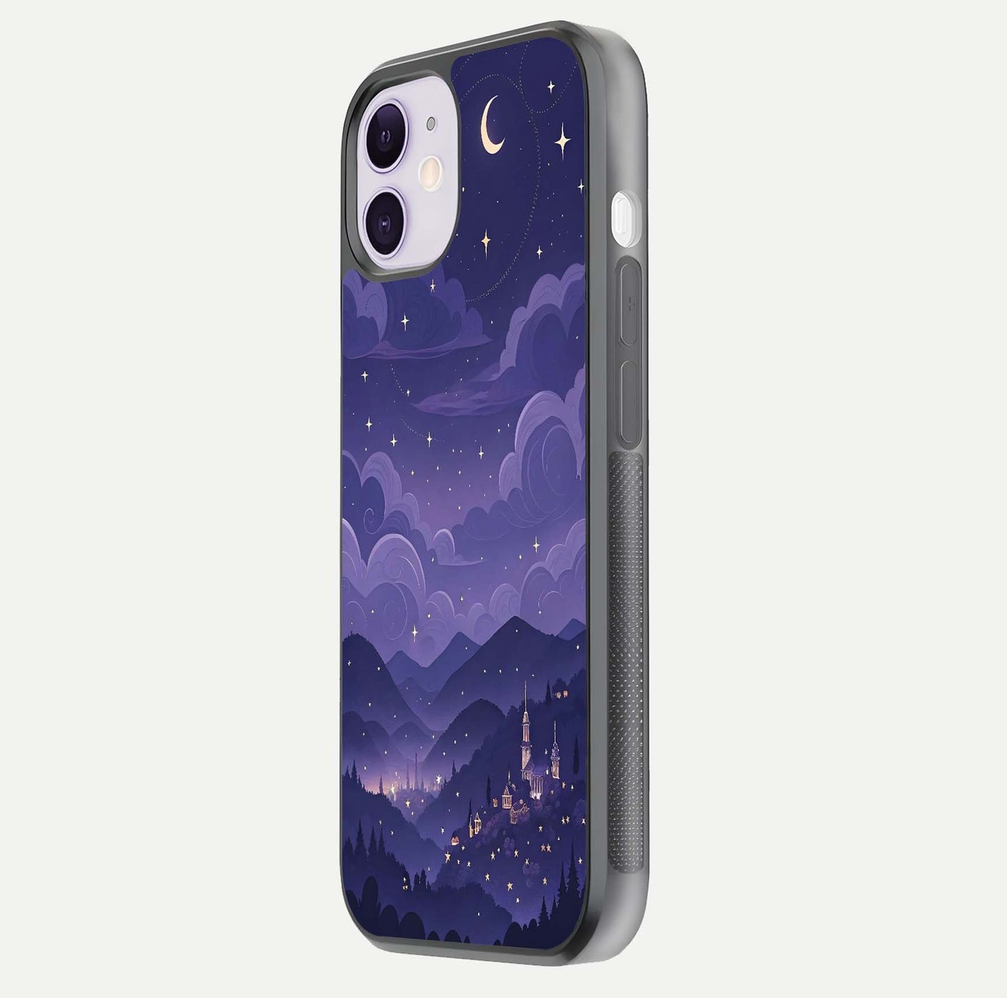 Minimal Night View Glass Case for iPhone 11 side-angle image showing subtle reflection and urban design