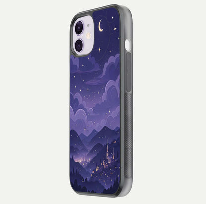 Minimal Night View Glass Case for iPhone 11 side-angle image showing subtle reflection and urban design
