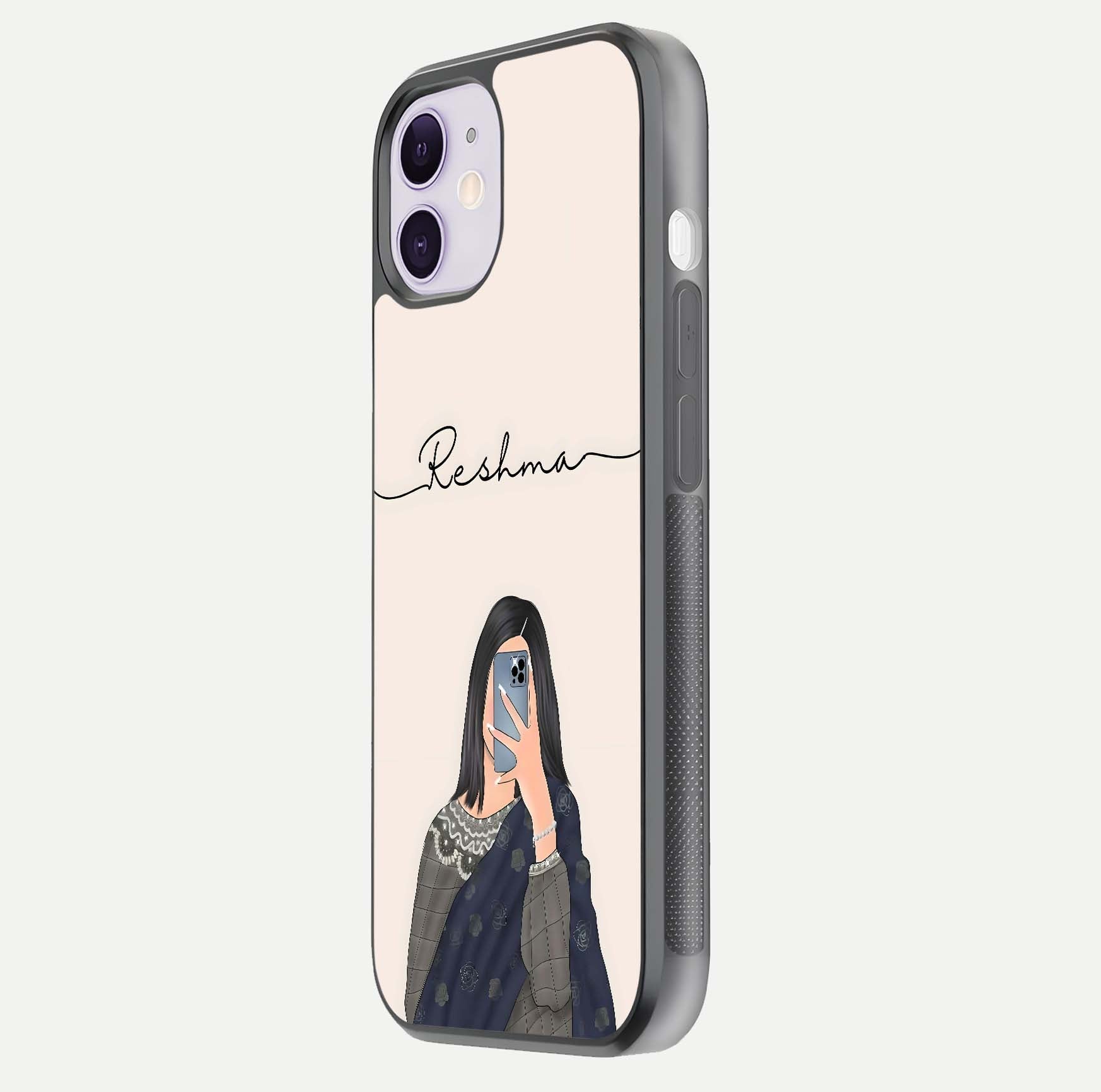 Mirror Mood Muse Custom Name Glass Case for iPhone 11 side-angle image emphasizing glossy mirror texture