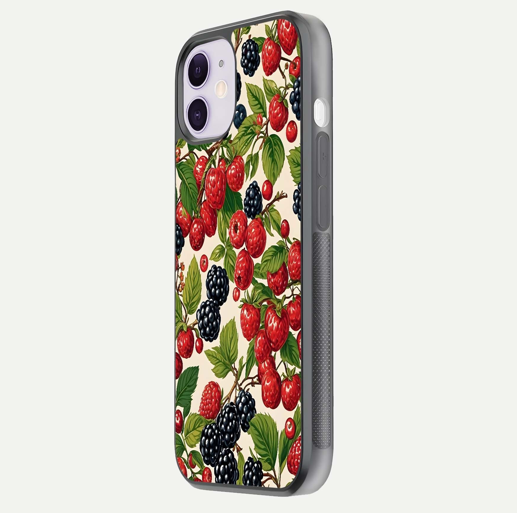Mixed Berry Collage Glass Case for iPhone 11 side-angle image showing reflection and HD fruit texture
