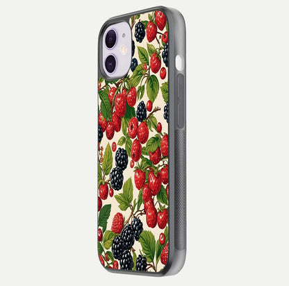 Mixed Berry Collage Glass Case for iPhone 11 side-angle image showing reflection and HD fruit texture