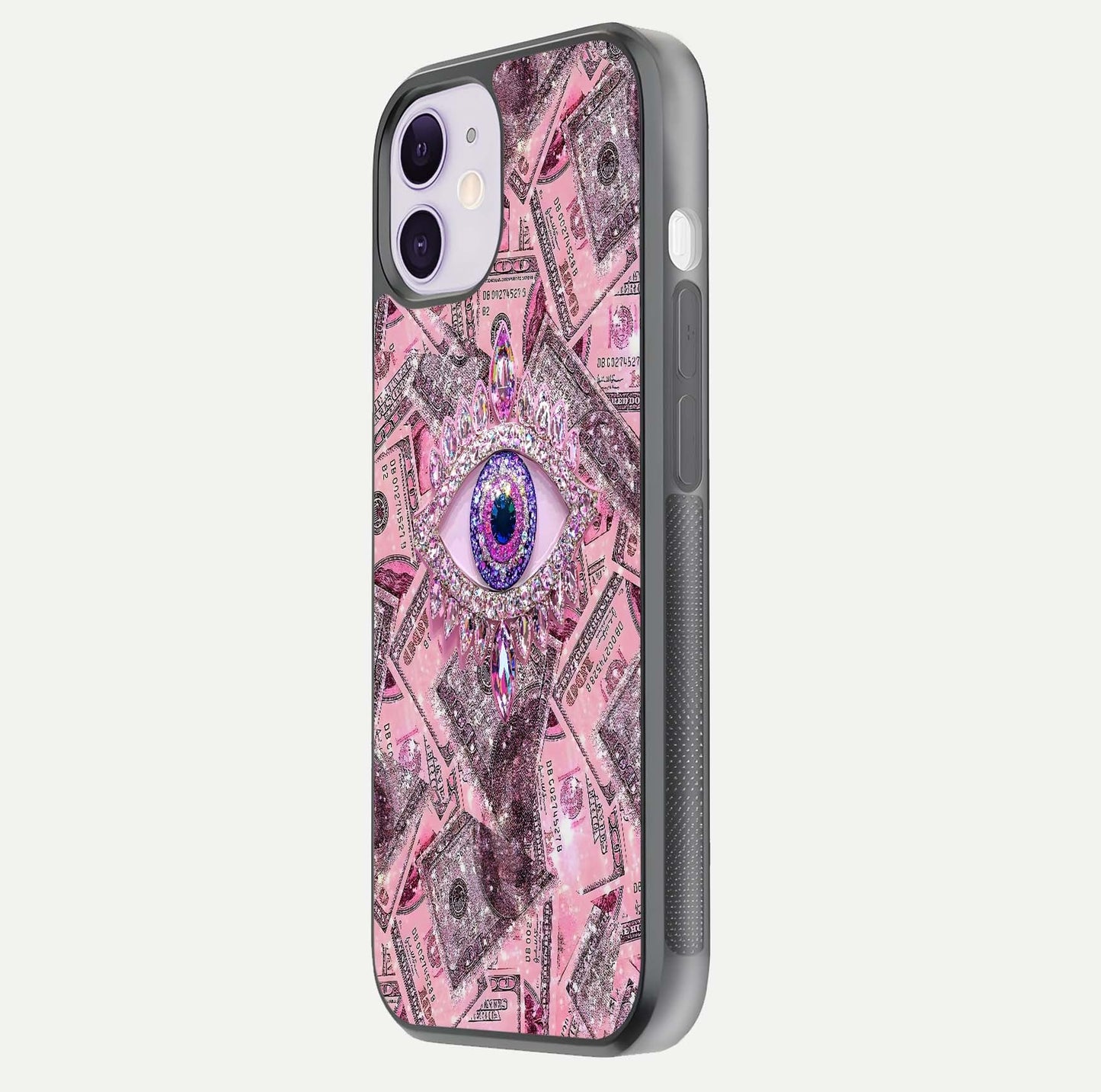 Money Eye Luxe Glass Case for iPhone 11 side-angle image showing HD reflection and luxury print clarity
