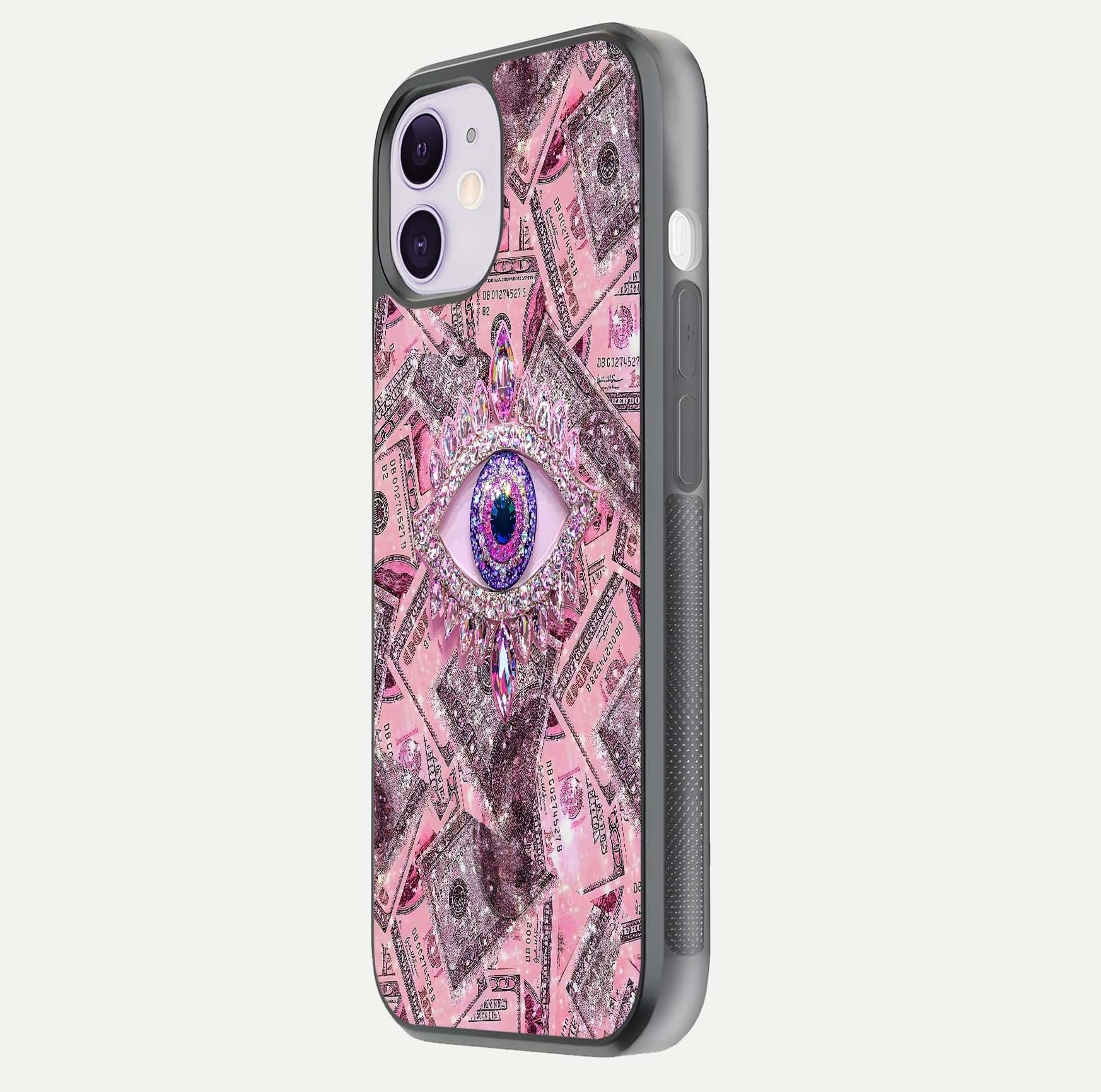 Money Eye Luxe Glass Case for iPhone 11 side-angle image showing HD reflection and luxury print clarity