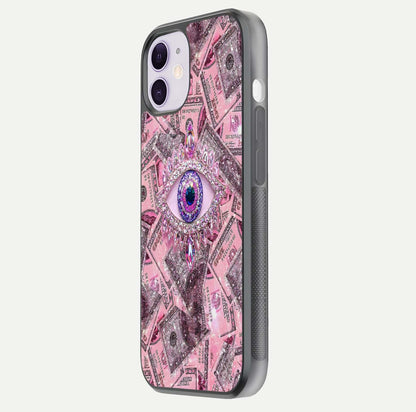 Money Eye Luxe Glass Case for iPhone 11 side-angle image showing HD reflection and luxury print clarity