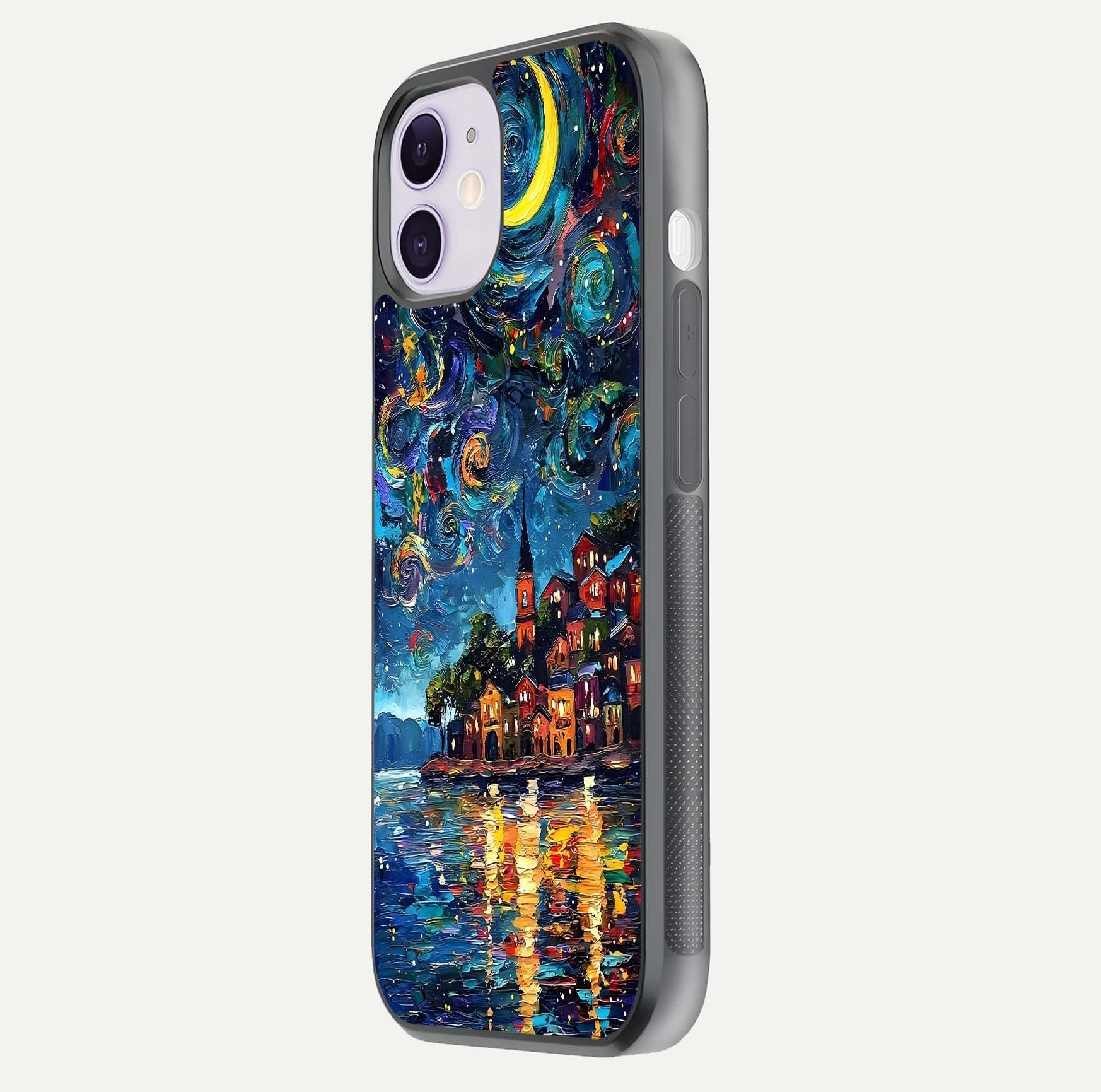Moonlight Harbor Glow Glass Case for iPhone 11 side-angle image showing reflective surface and ocean tones