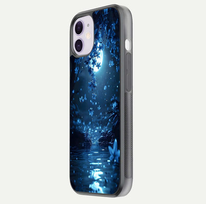 Moonlight Petal Dream Glass Case for iPhone 11 side-angle image showing reflection and petal detail