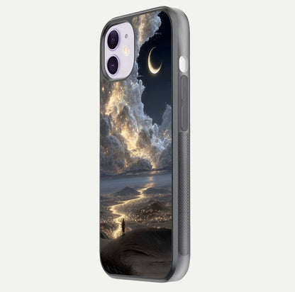 Moonlight Spark Path Glass Case for iPhone 11 side-angle image showing reflection and moonlit detail
