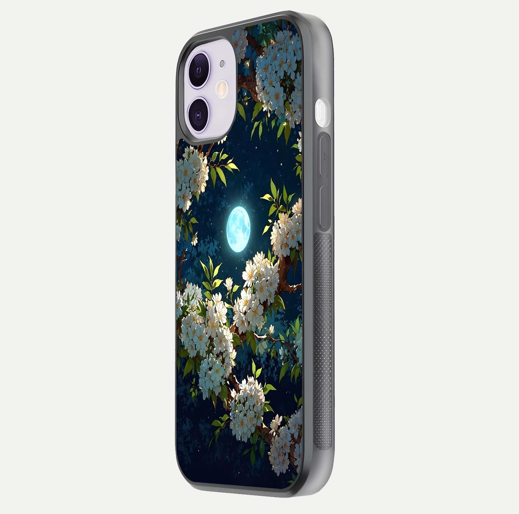 Moonlit Blossom Dream Glass Case for iPhone 11 side-angle image showing shine depth and flower glow