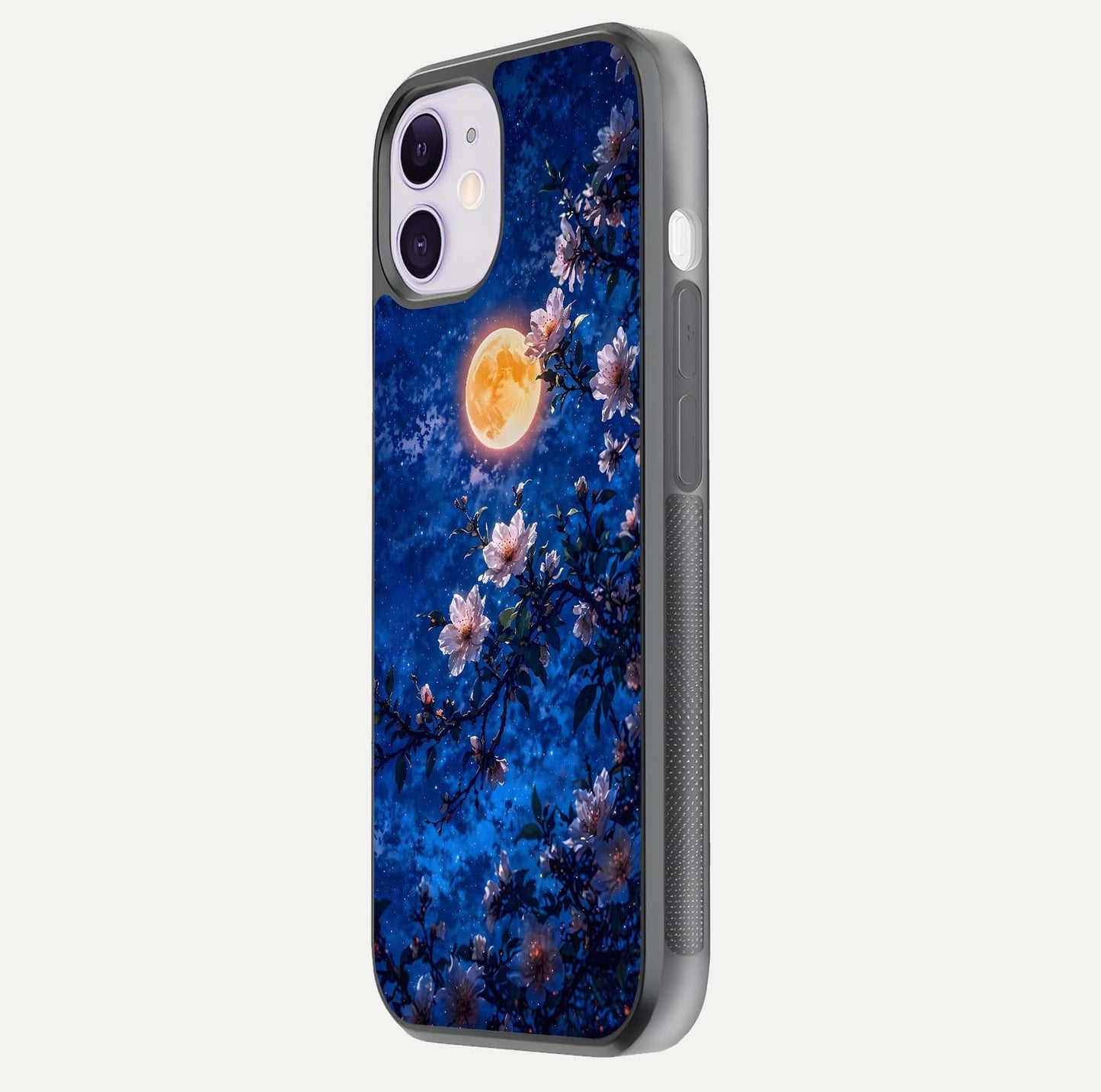 Moonlit Blossoms Night Glass Case for iPhone 11 side-angle image revealing shine and night bloom texture