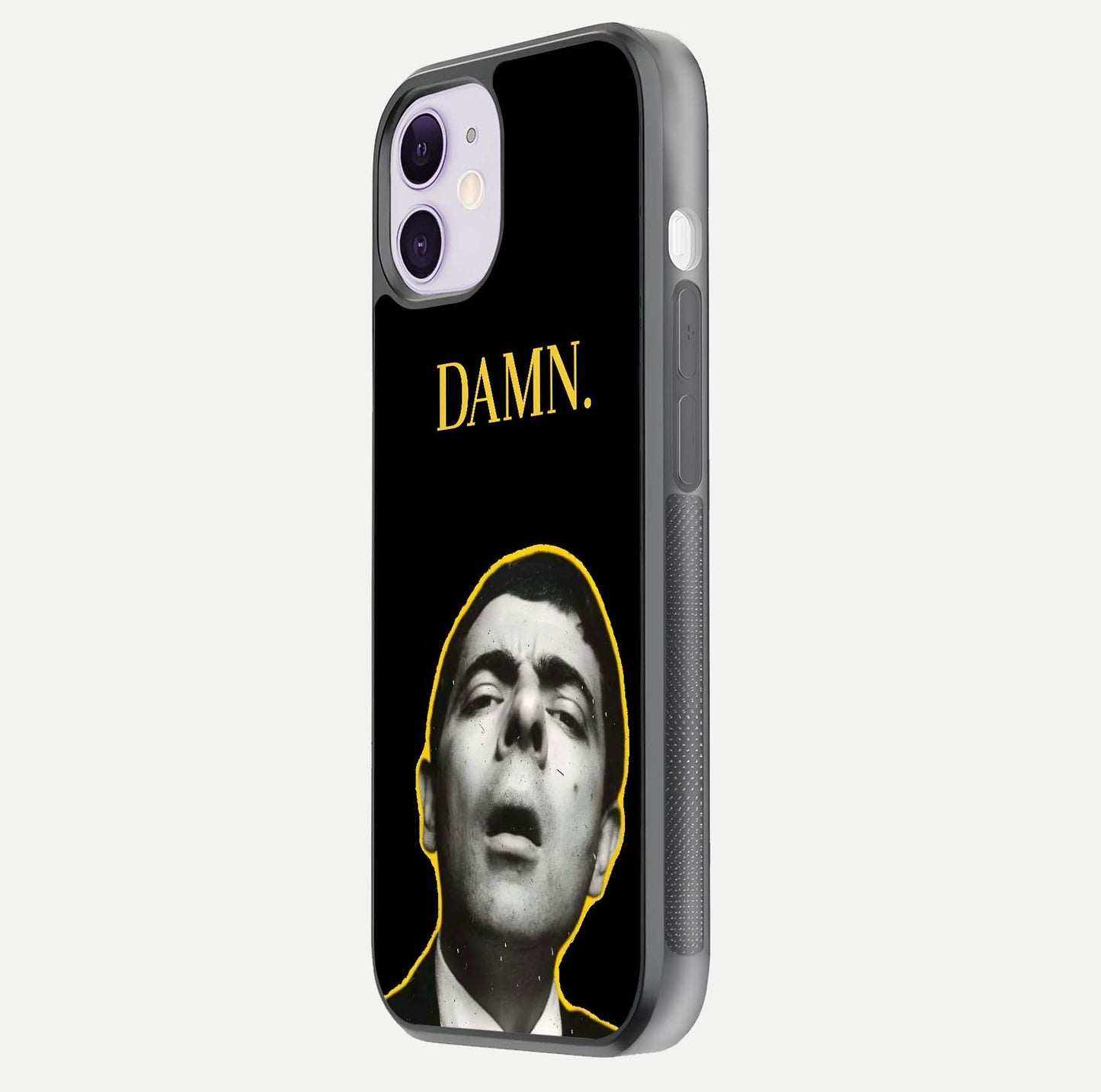 Mr Bean Damn Glass Case for iPhone 11 side-angle image emphasizing HD print clarity and playful theme