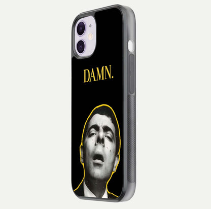 Mr Bean Damn Glass Case for iPhone 11 side-angle image emphasizing HD print clarity and playful theme