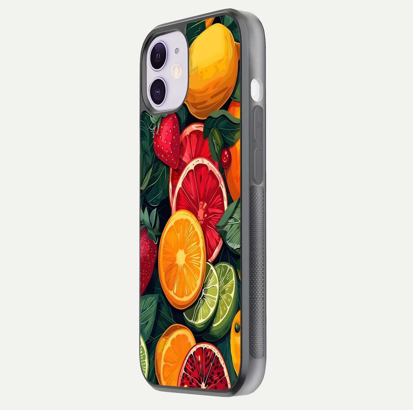 Multiple Fruits Glass Case for iPhone 11 side-angle image showing glossy surface and vivid fruit pattern