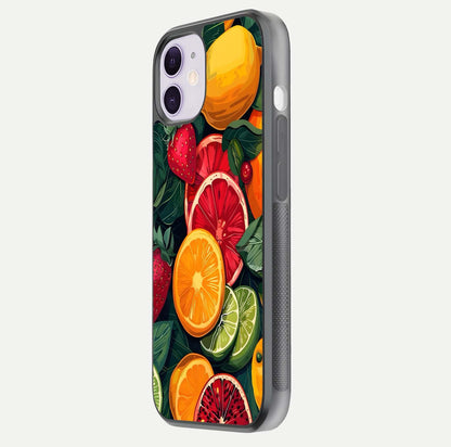 Multiple Fruits Glass Case for iPhone 11 side-angle image showing glossy surface and vivid fruit pattern