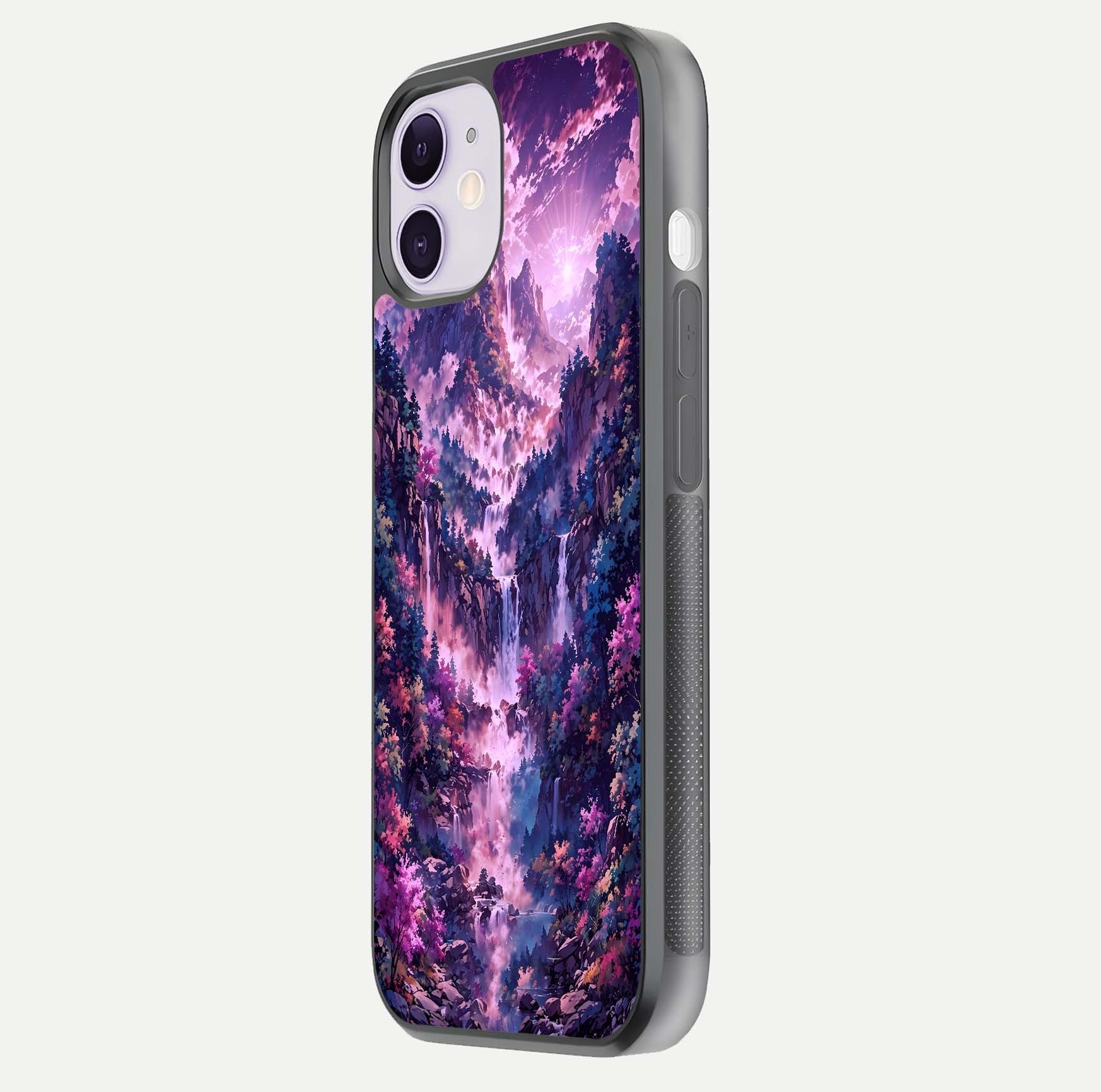Mystic Cascade Peaks Glass Case for iPhone 11 side-angle image showing reflection and scenic art clarity