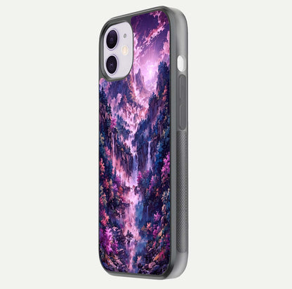 Mystic Cascade Peaks Glass Case for iPhone 11 side-angle image showing reflection and scenic art clarity