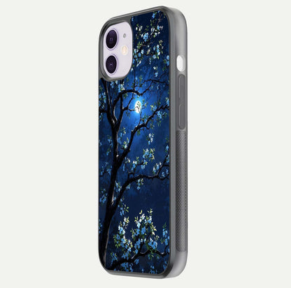 Mystic Floral Night Glass Case for iPhone 11 side-angle image showing gloss surface and midnight floral tones