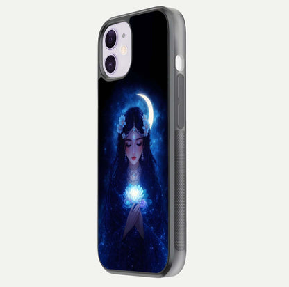 Mystic Moon Queen Glass Case for iPhone 11 side-angle image showing reflection and celestial details