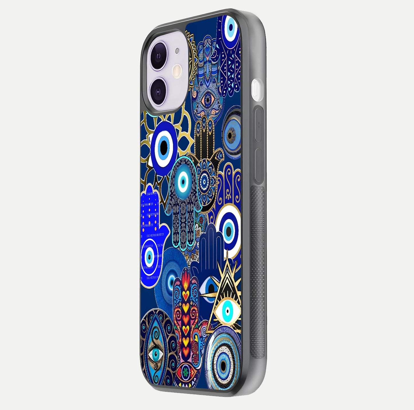 Mystic Palm Guard Glass Case for iPhone 11 side-angle image showing shine depth and sacred motif