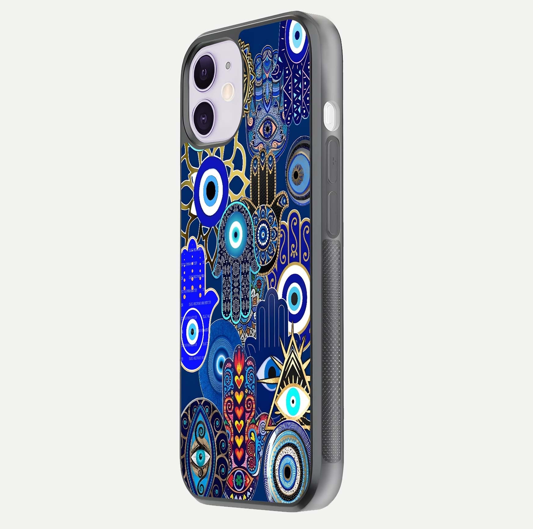 Mystic Palm Guard Glass Case for iPhone 11 side-angle image showing shine depth and sacred motif