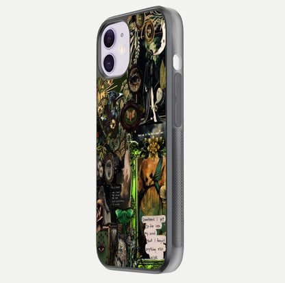 Mystic Woods Secret Glass Case for iPhone 11 side-angle image showing gloss reflection and forest pattern