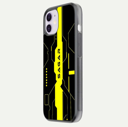Neon CYBERPUNK Custom Name Glass Case for iPhone 11 side-angle image showing glow depth and bold print