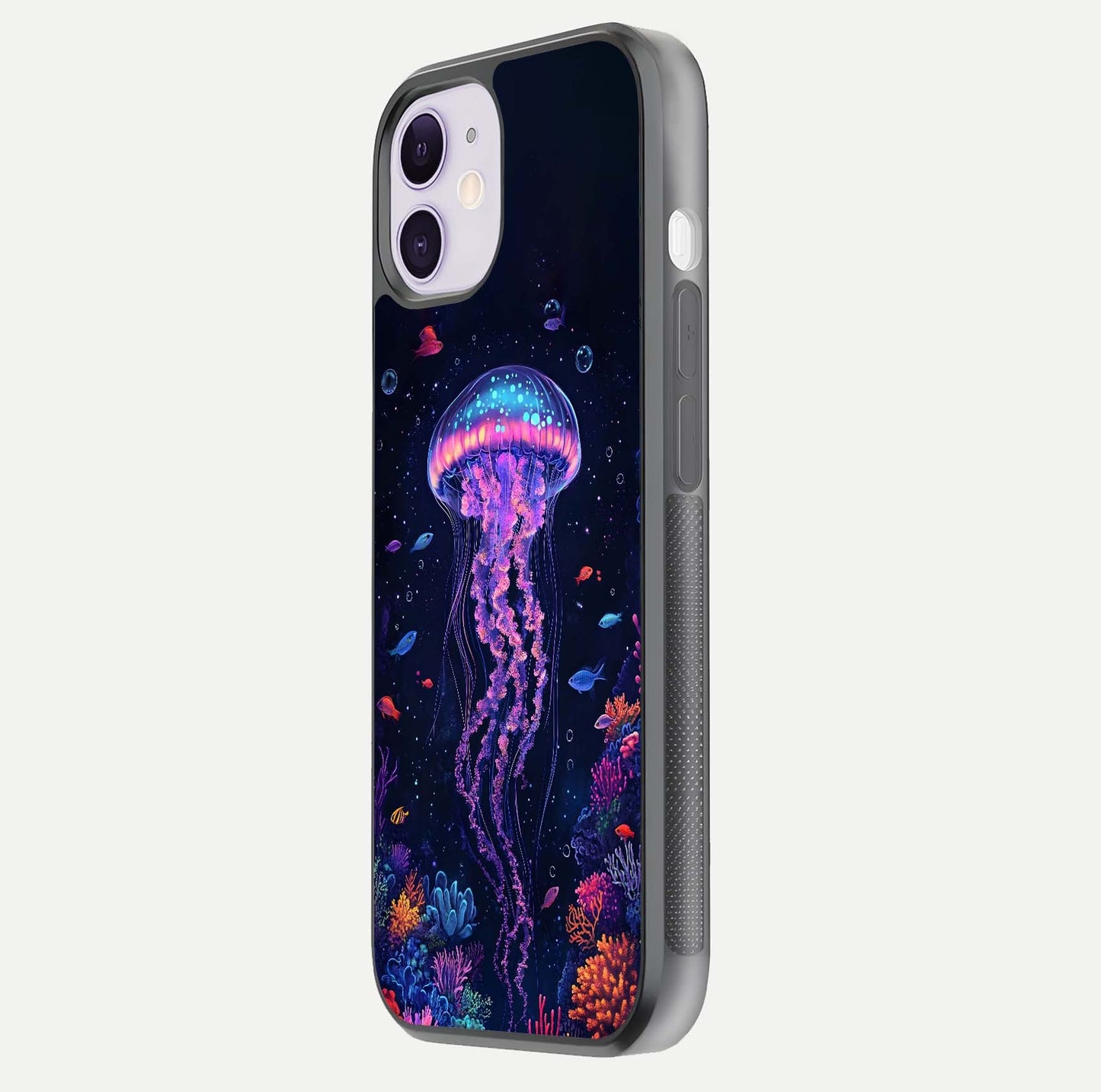 Neon Jellyfish Glass Case for iPhone 11 side-angle image showing reflection and oceanic light detailing