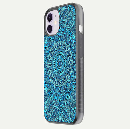 Ocean Bloom Mandala Glass Case for iPhone 11 side-angle image showing reflection and detailed floral pattern