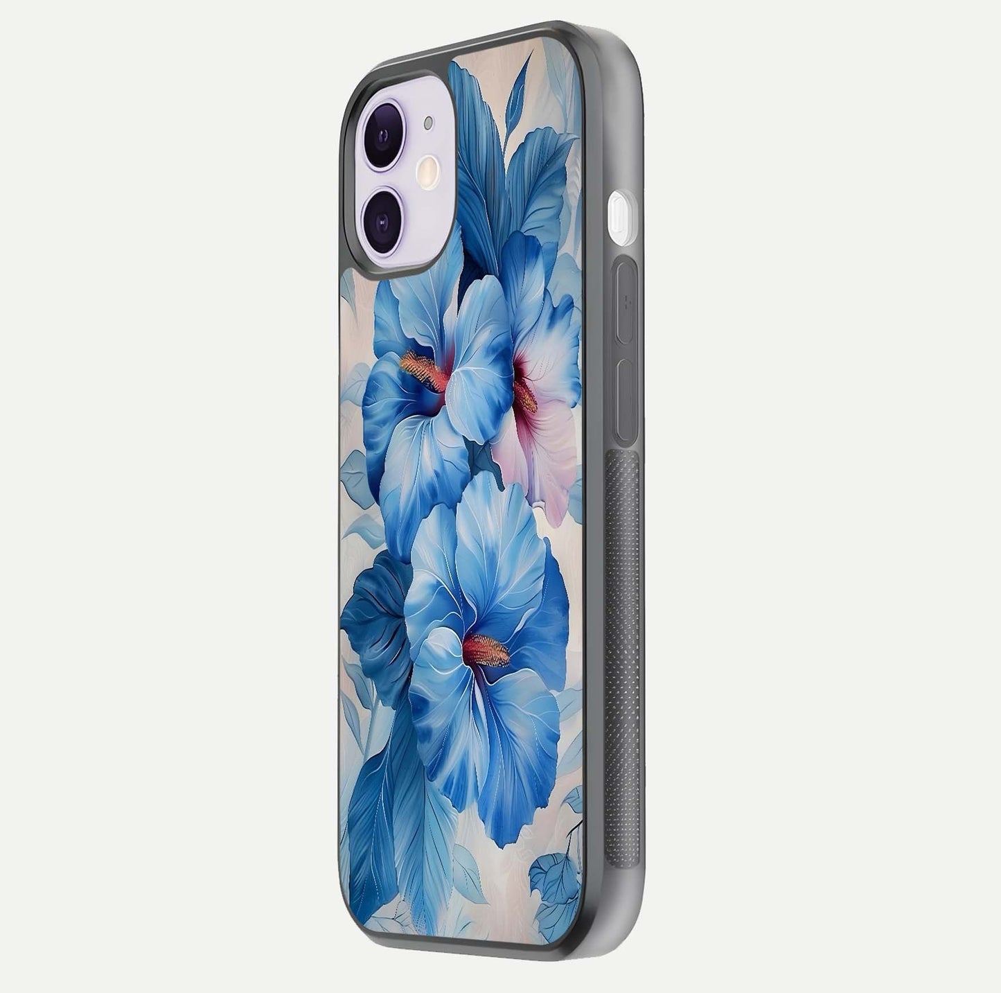 Ocean Hibiscus Grace Glass Case for iPhone 11 side-angle image showing smooth texture and hibiscus details