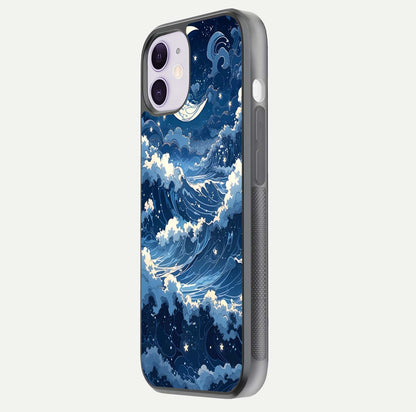 Ocean Moon Waves Glass Case for iPhone 11 side-angle image showing shine and ocean gradient tones