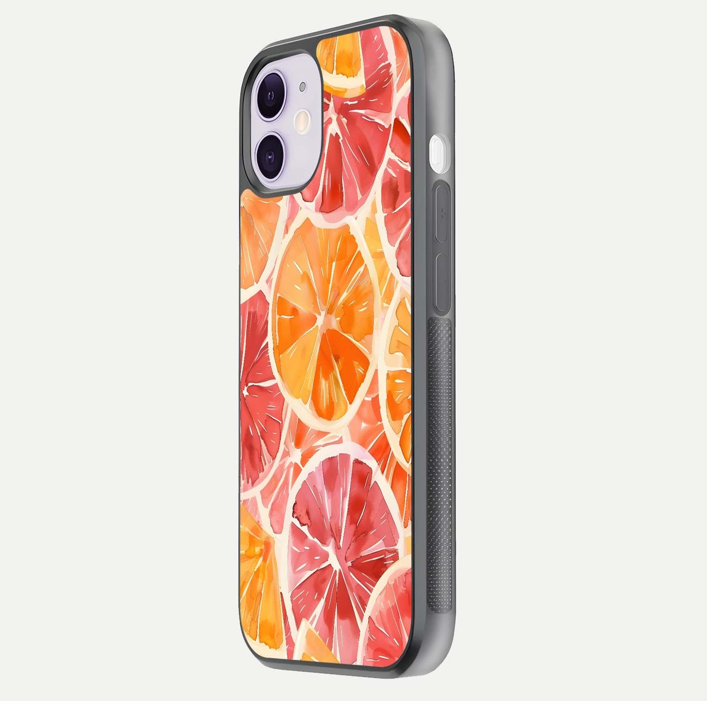 Orange Fruits Pattern Glass Case for iPhone 11 side-angle image showing glossy shine and citrus pattern