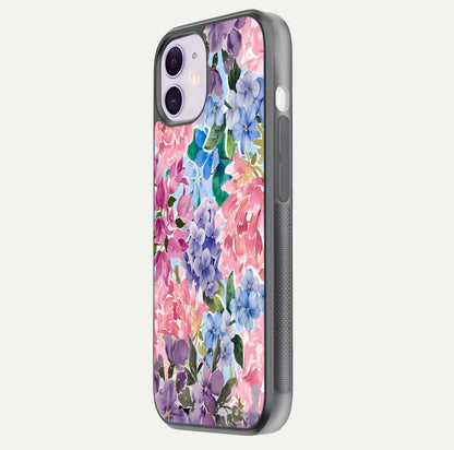 Pastel Floral Mix Glass Case for iPhone 11 side-angle image showing reflection and delicate pastel hues
