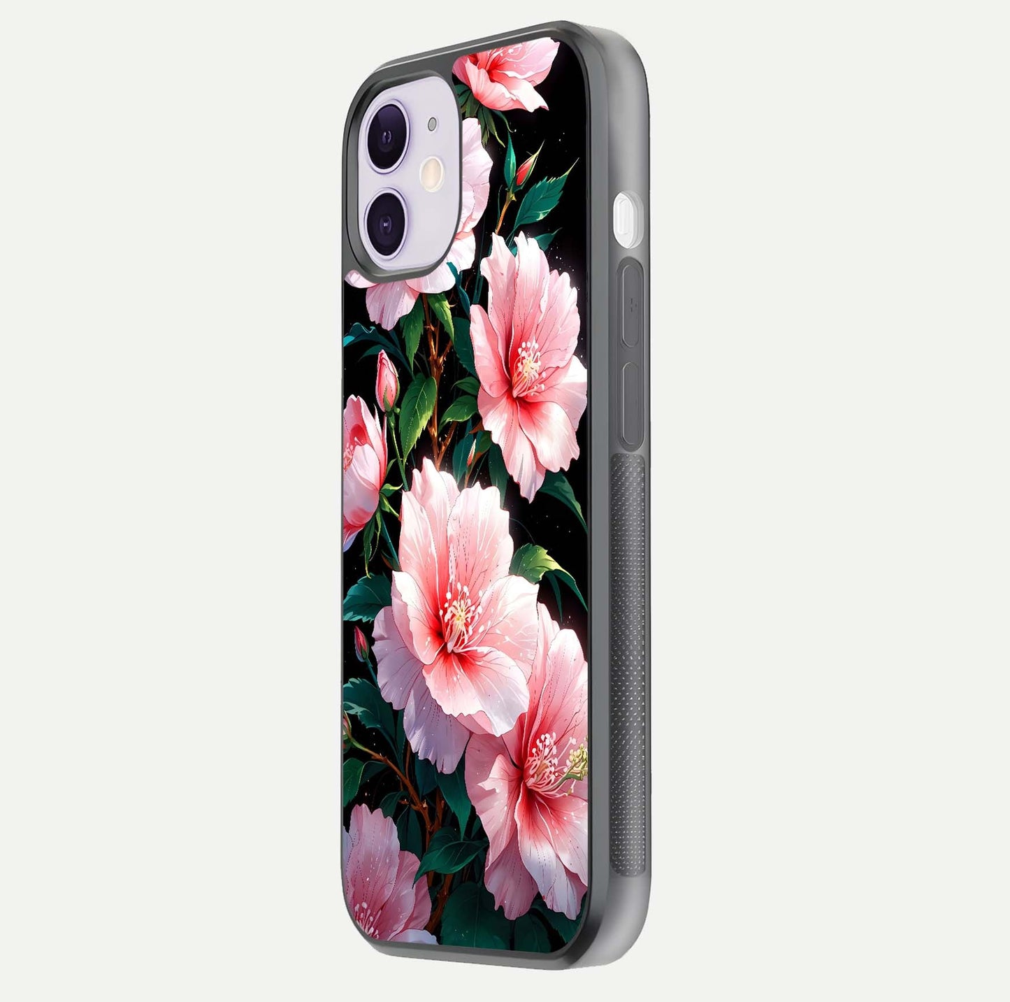 Peach Flower Glass Case for iPhone 11 side-angle image showing gloss depth and peach blossom detail